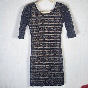 Lovely Day Black Gold Floral Lace Nylon Span Metallic Lined Backless Dress Sz M